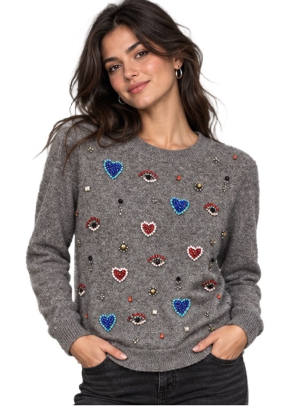 Halogen 100% Cashmere Jeweled Heart & Eye Gray Sweater Size S, Beautiful !